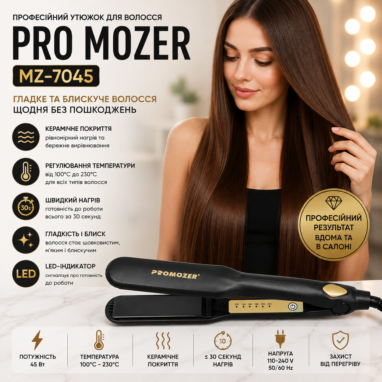 Утюжок для выпрямления волос Pro Mozer MZ-7045 с керамическим покрытием