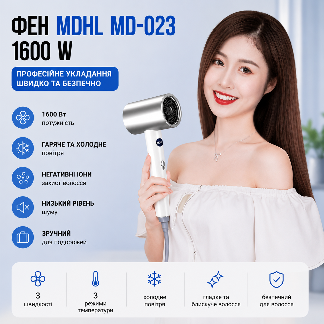 Фен MDHL MD-023 1600W з іонізацією та холодним повітрям для укладання волосся