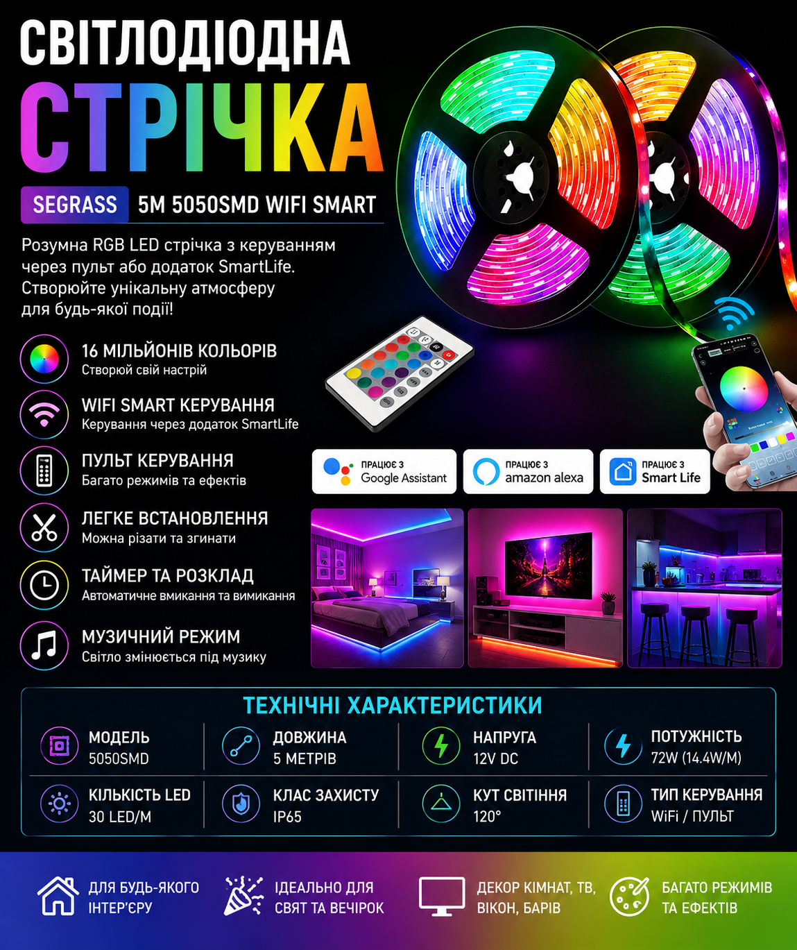 Светодиодная лента Segrass 5M WiFi Smart купить Украина