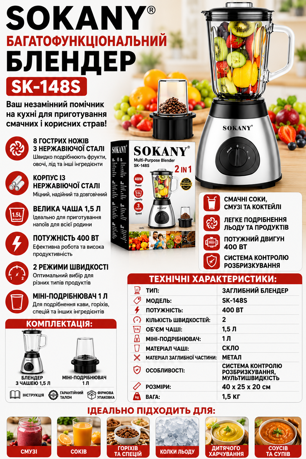 Блендер Sokany SK-148S купити Україна
