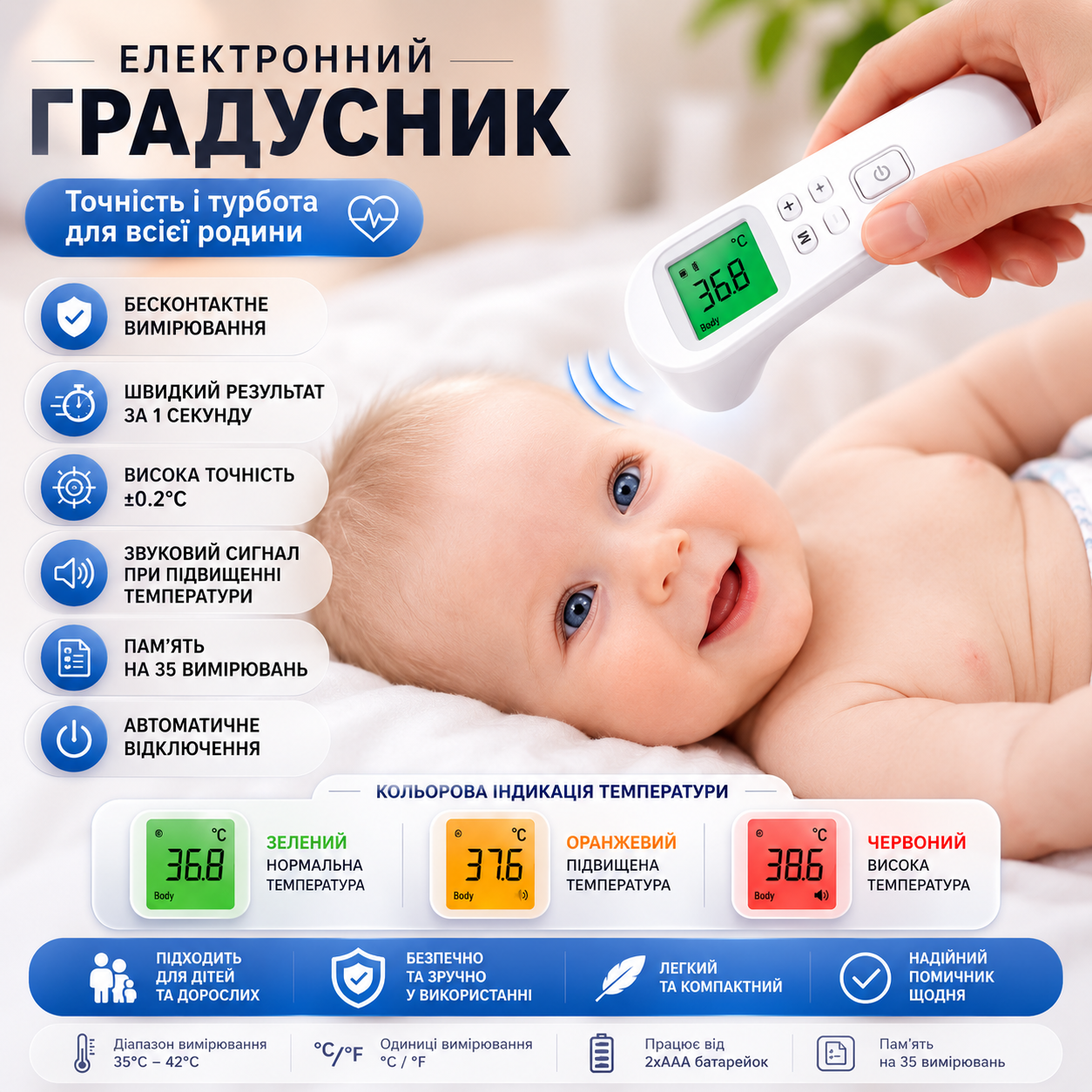 Бесконтактный инфракрасный термометр HG02 для измерения температуры у детей и взрослых