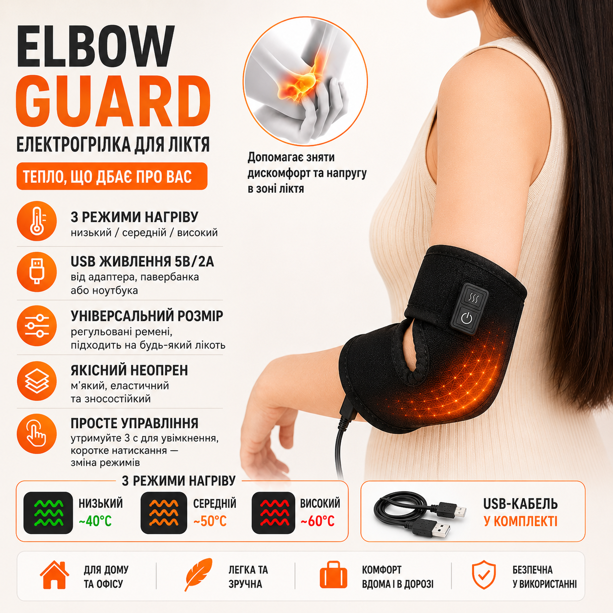Электрогрелка Elbow Guard для локтя с тремя режимами нагрева и USB питанием