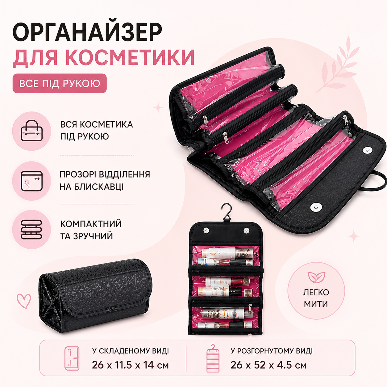 Органайзер для косметики Roll-N-Go дорожная косметичка с прозрачными отделениями