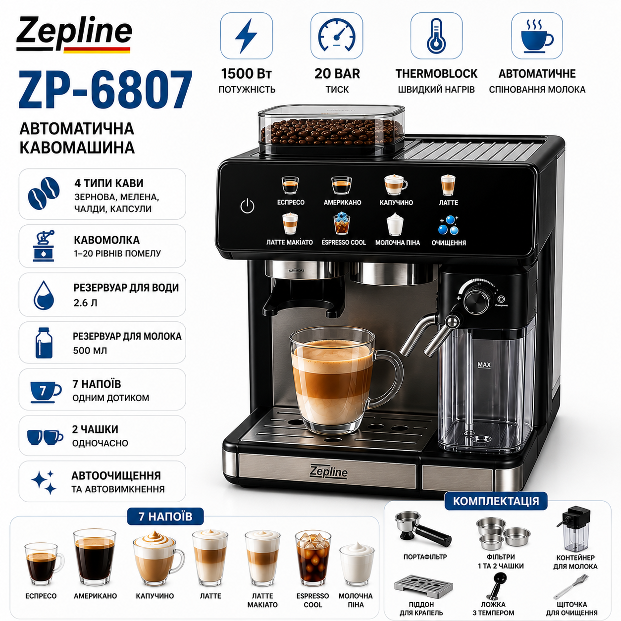 Автоматическая кофемашина Zepline ZP-6807 с кофемолкой и капучинатором