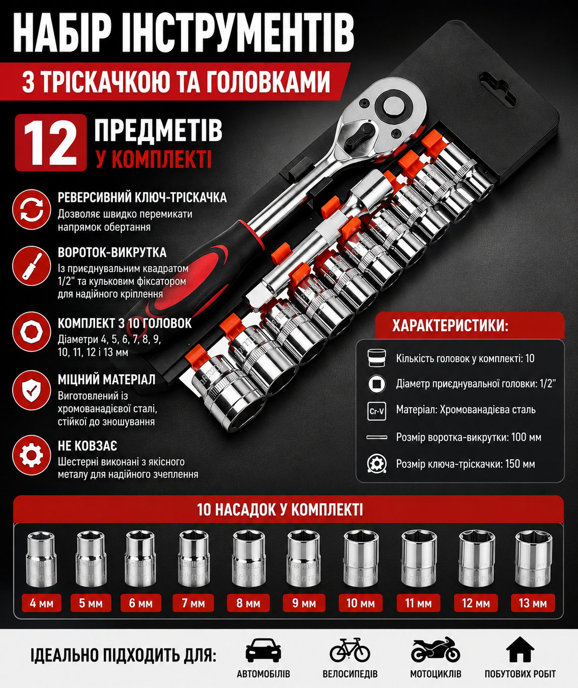 Набор инструментов с трещоткой и головками