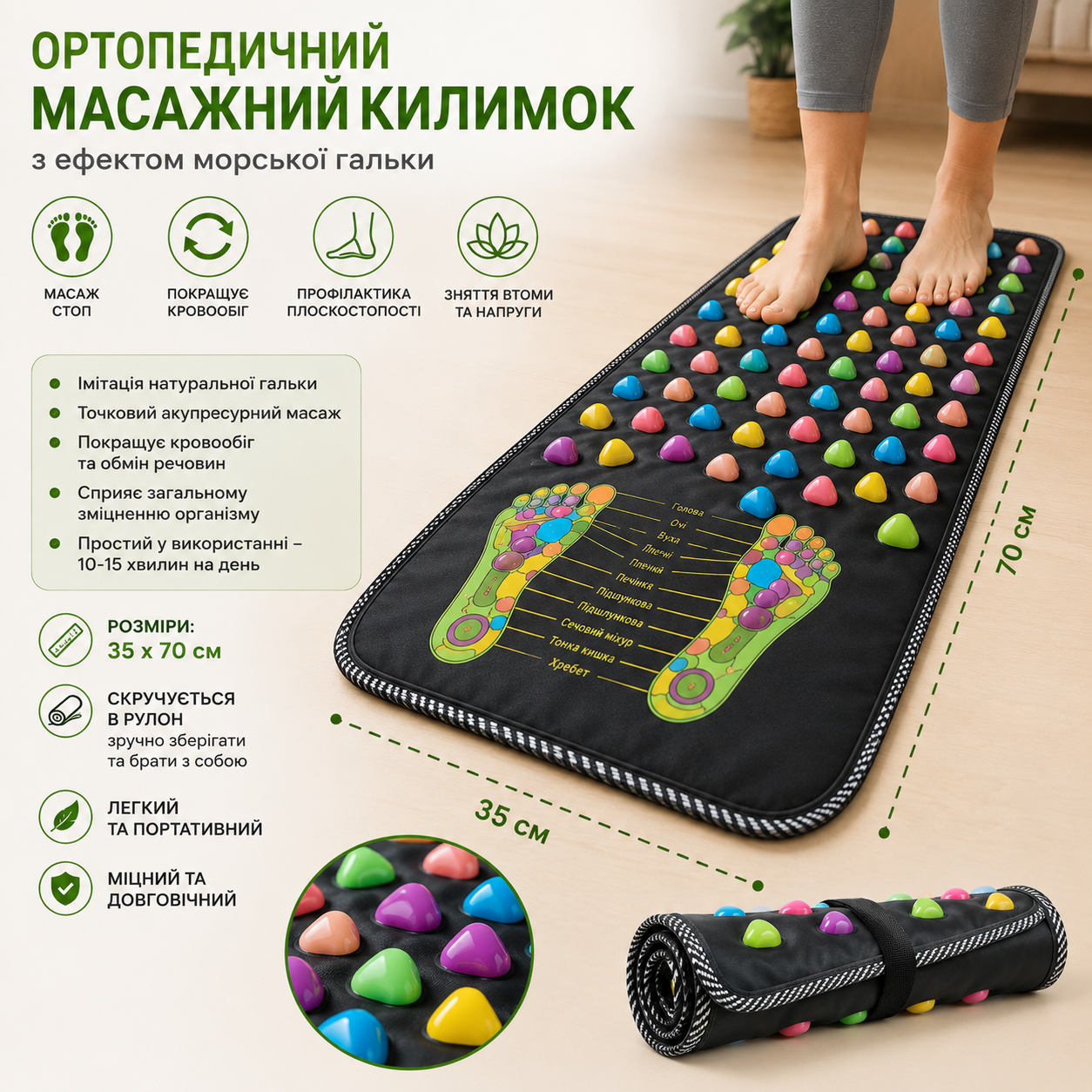Ортопедический массажный коврик MS 2886 с камнями для массажа стоп