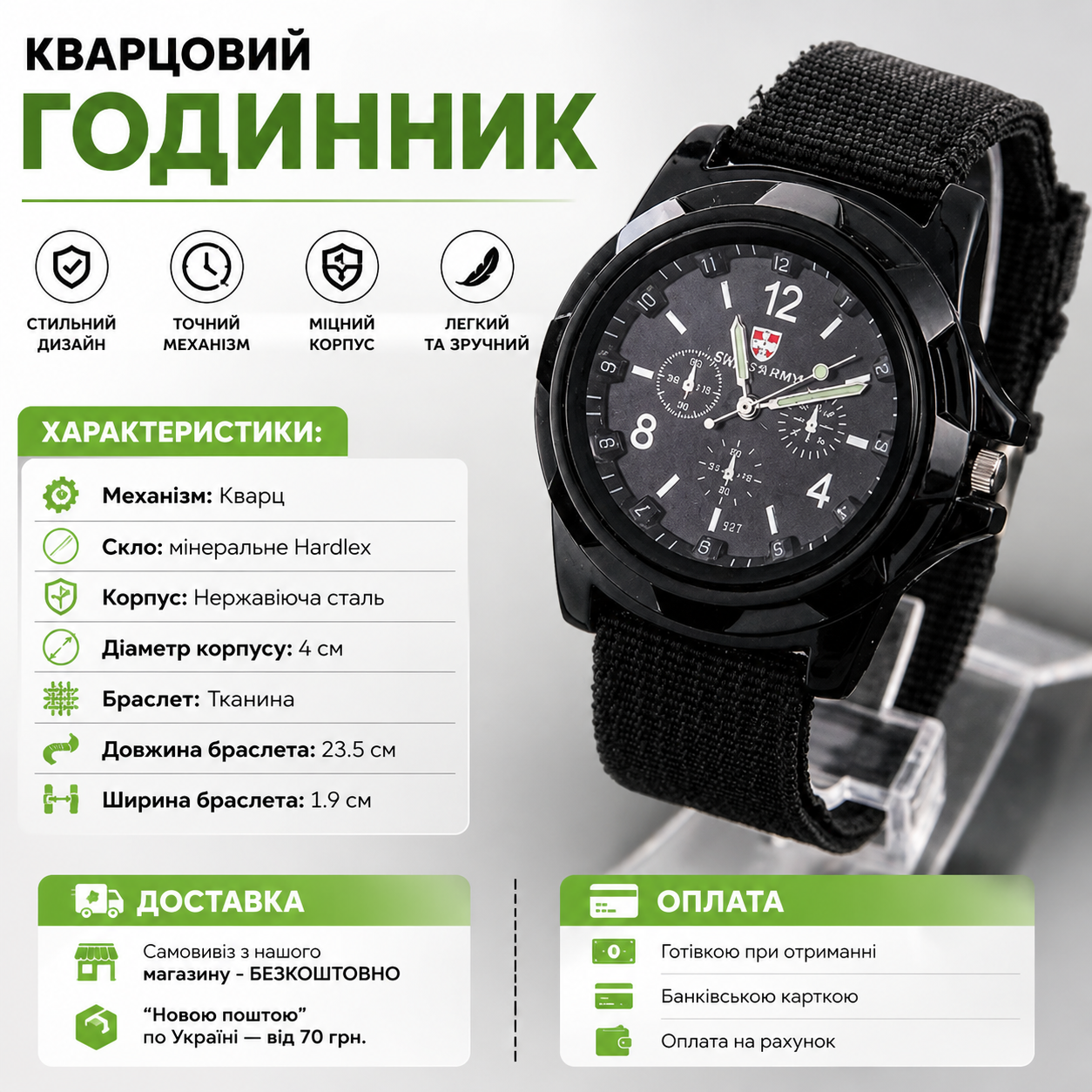 Мужские кварцевые часы Swiss Army Military с тканевым ремешком