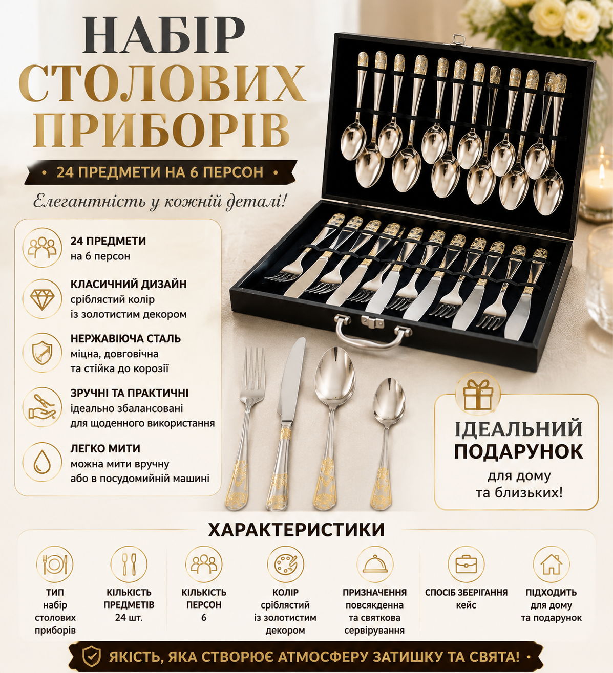 Набір столових приборів 24 предмети у подарунковому кейсі сріблястий із золотим декором