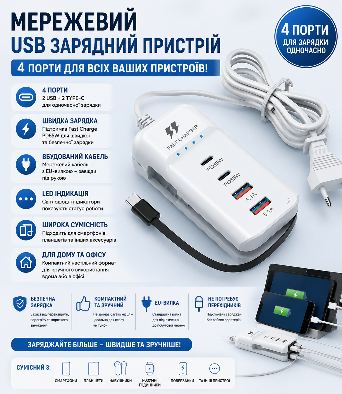 Универсальное зарядное устройство 66W с двумя USB портами быстрая зарядка