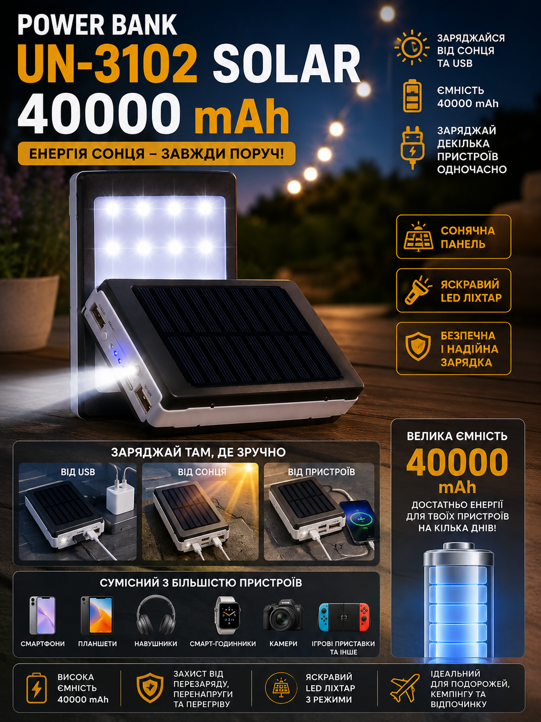 Повербанк UN-3102 SOLAR 40000mAh солнечная батарея LED фонарик