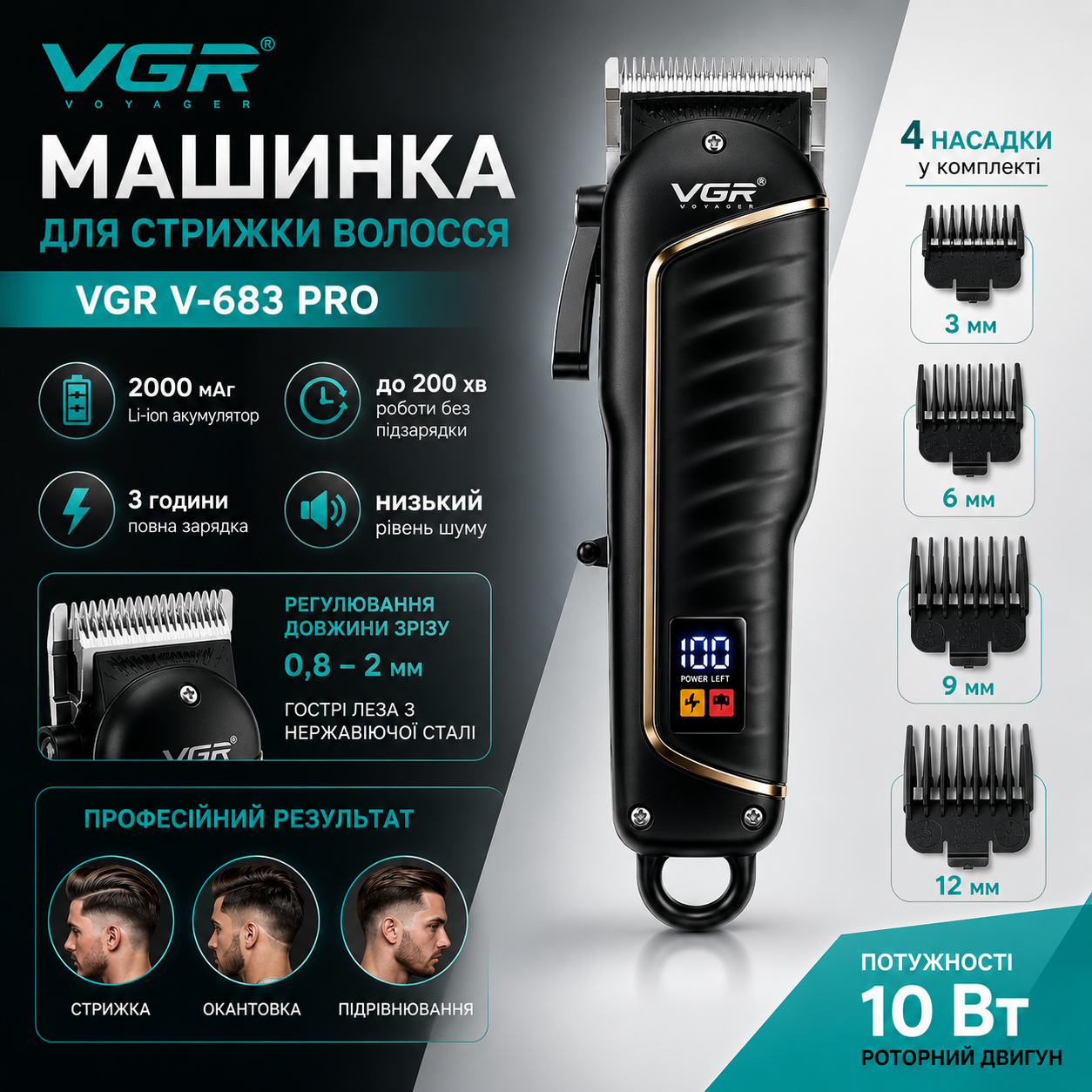 Акумуляторна машинка для стрижки VGR V-683 Pro з LED-дисплеєм і 4 насадками