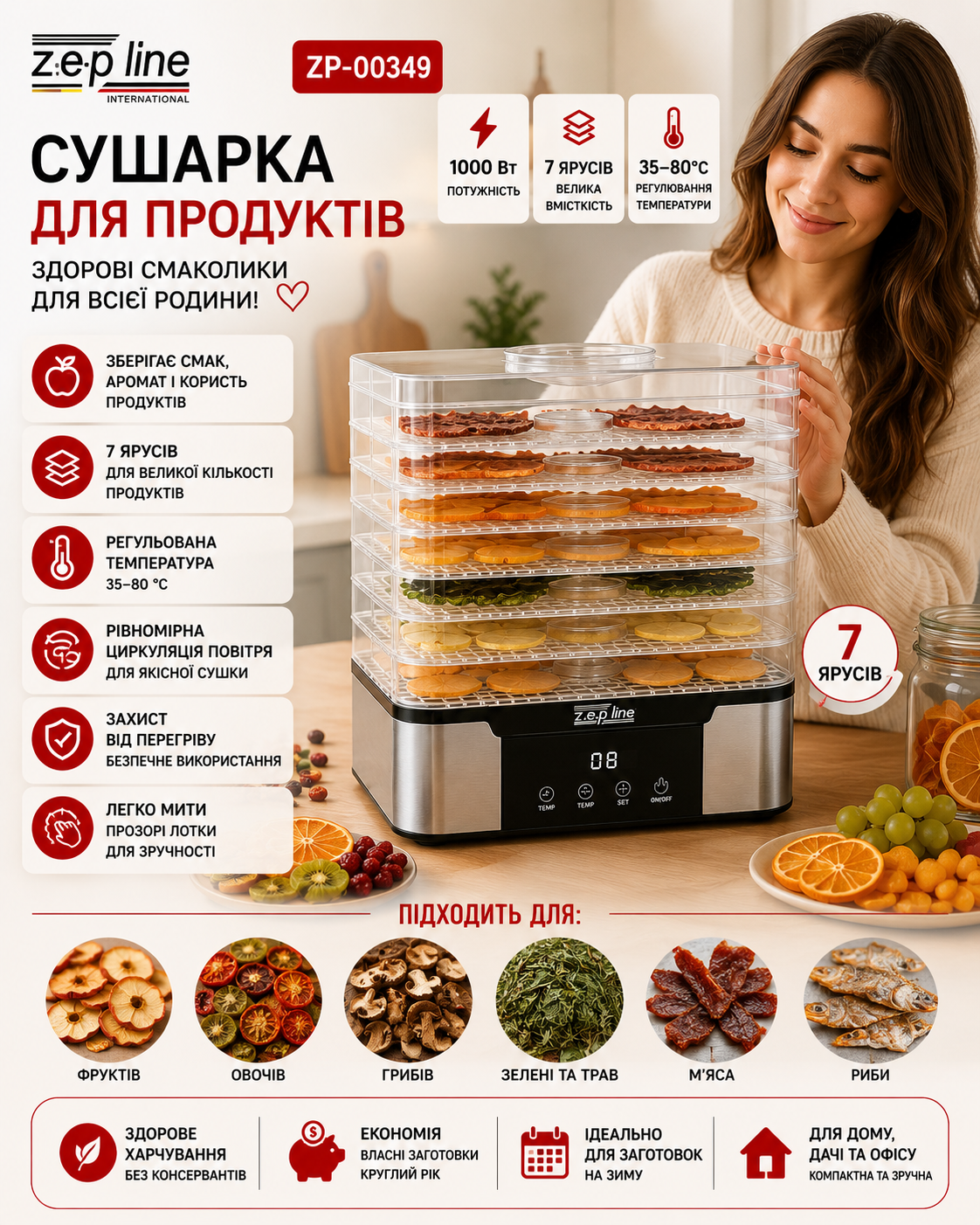 Сушилка для овощей и фруктов Zepline ZP-00349 1000 Вт на 7 ярусов