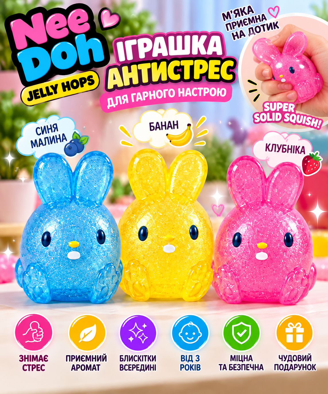 Игрушка антистресс NeeDoh Jelly Hops ароматный блестящий зайчик Super Solid Squish сенсорная игрушка с блестками для детей от 3 лет
