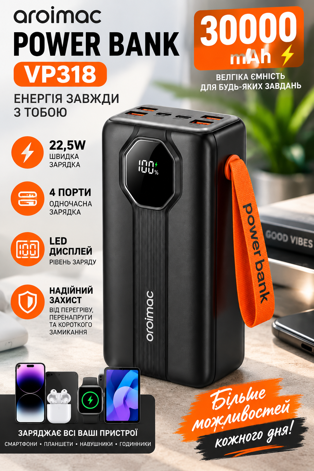 Power Bank Oroima VP318 30000 mAh Super Slim 22,5W з LED-дисплеєм, вбудованими кабелями USB Micro-USB Type-C Lightning та ремінцем