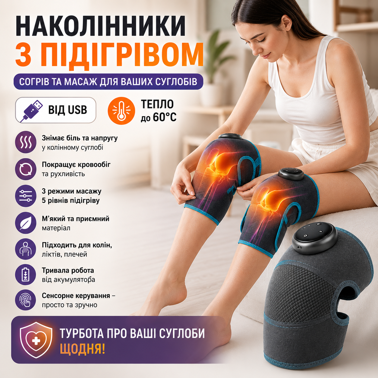 Наколенник с подогревом и вибромассажем от USB для колена, локтя и плеча