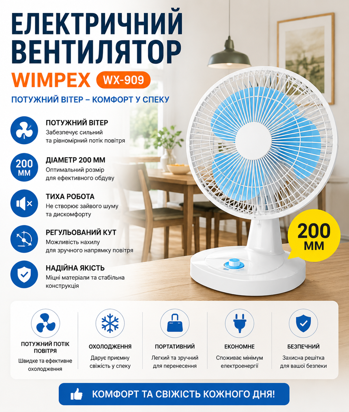 Настільний вентилятор Wimpex WX 909 купити Україна