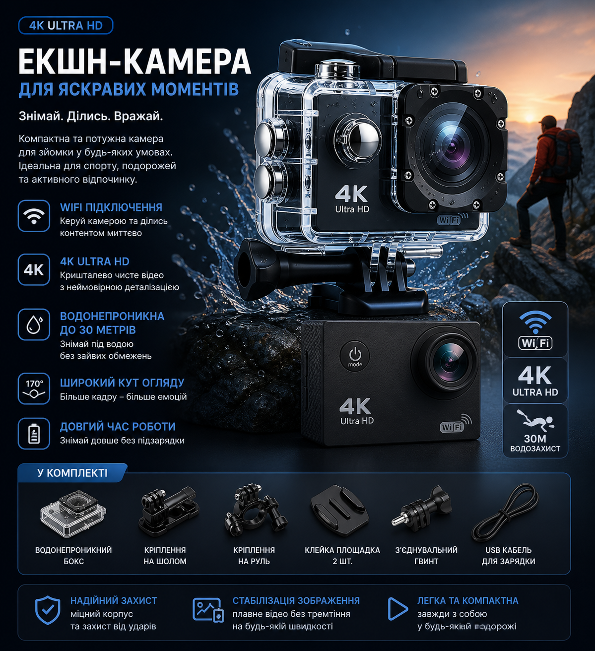 Экшн камера 4K WiFi 16MP купить Украина