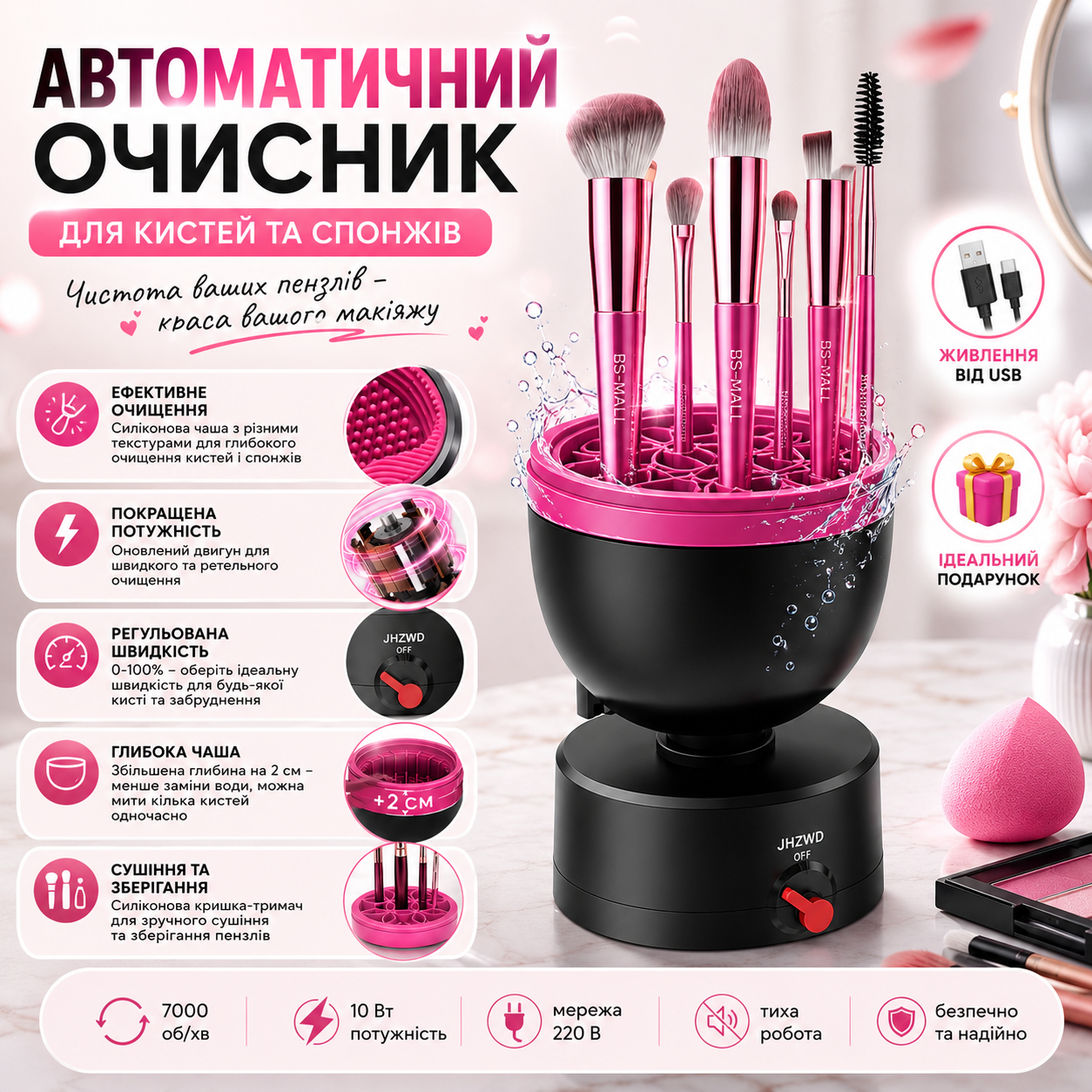 Автоматический очиститель кистей и спонжей для макияжа