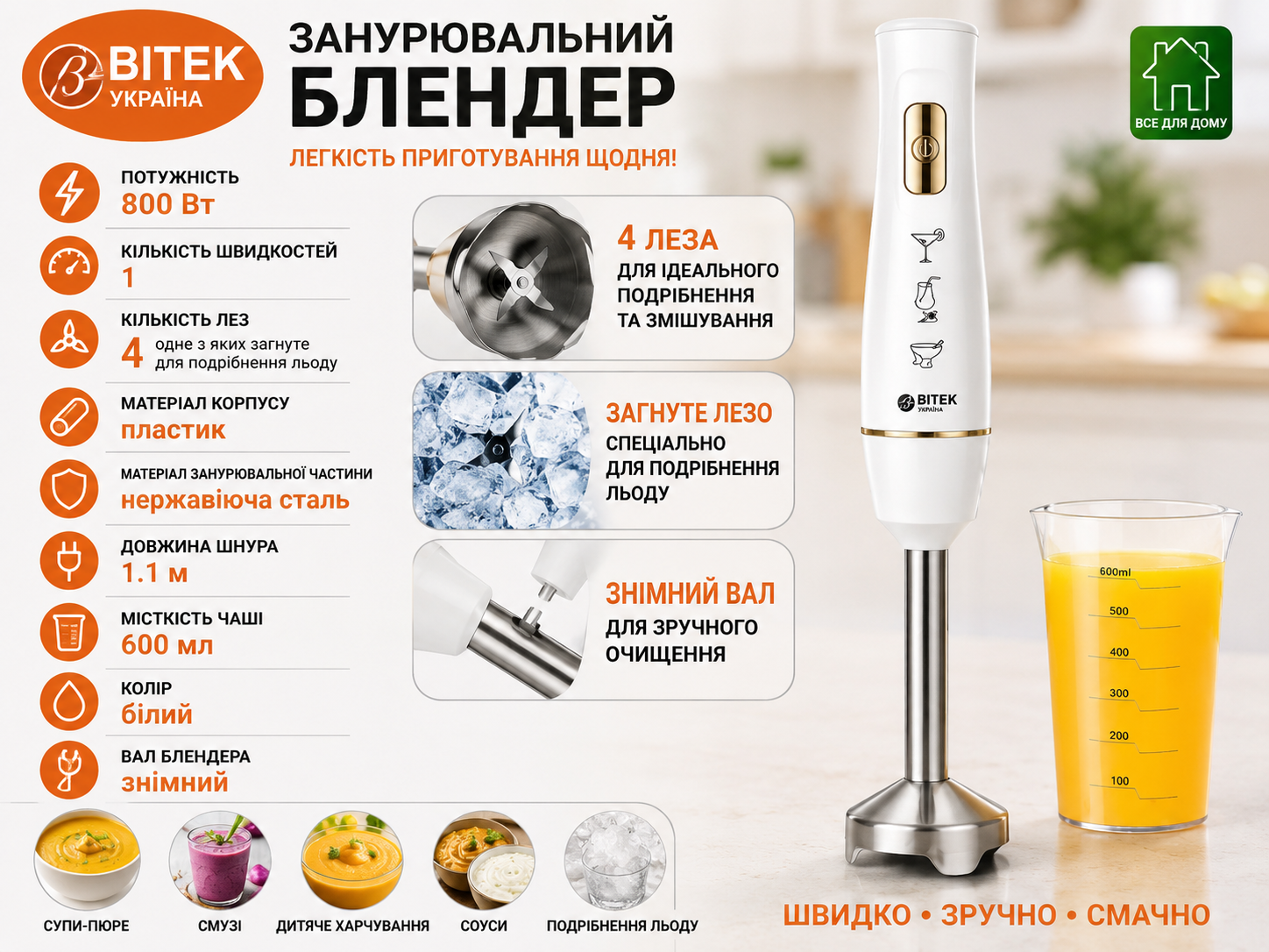 Ручной блендер BITEK BT-313W купить Украина