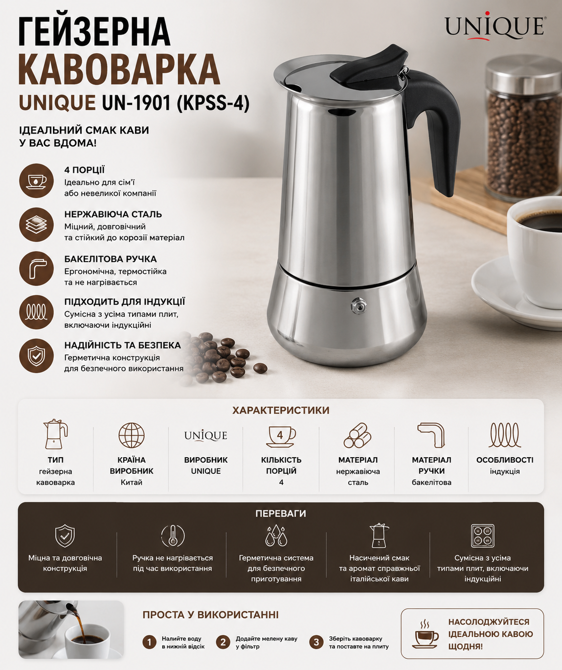 Гейзерная кофеварка UNIQUE UN-1901 купить Украина