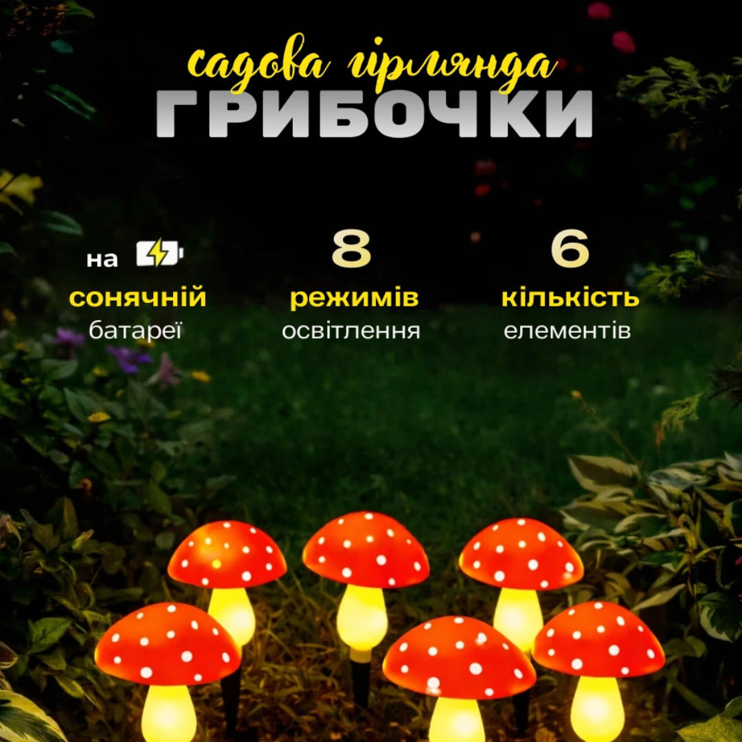 Декоративна садова сонячна гірлянда Мухомори