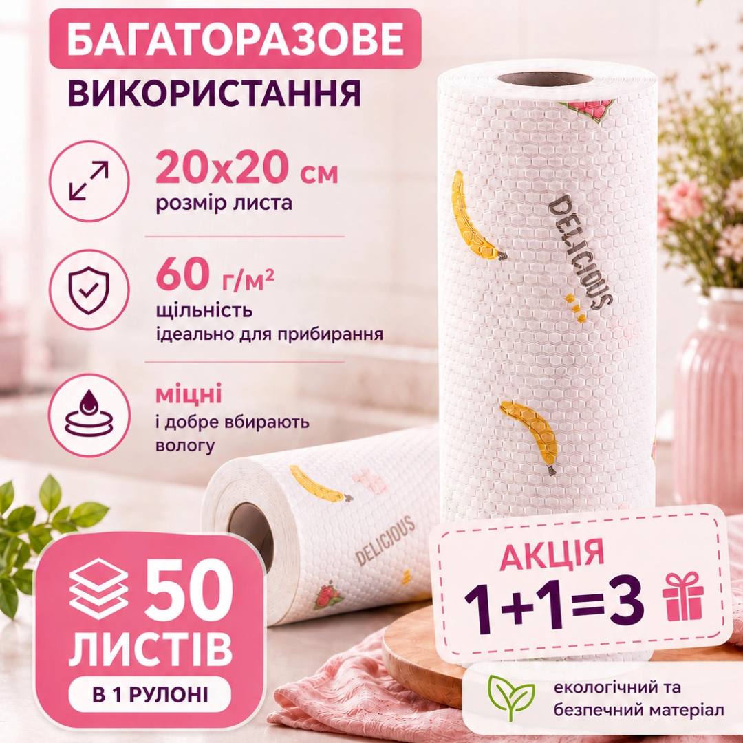 Багаторазові безворсові серветки в рулоні